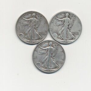 3 Silver US Half-Dollar Coins - Assorted Dates - 1940s - Walking Liberty